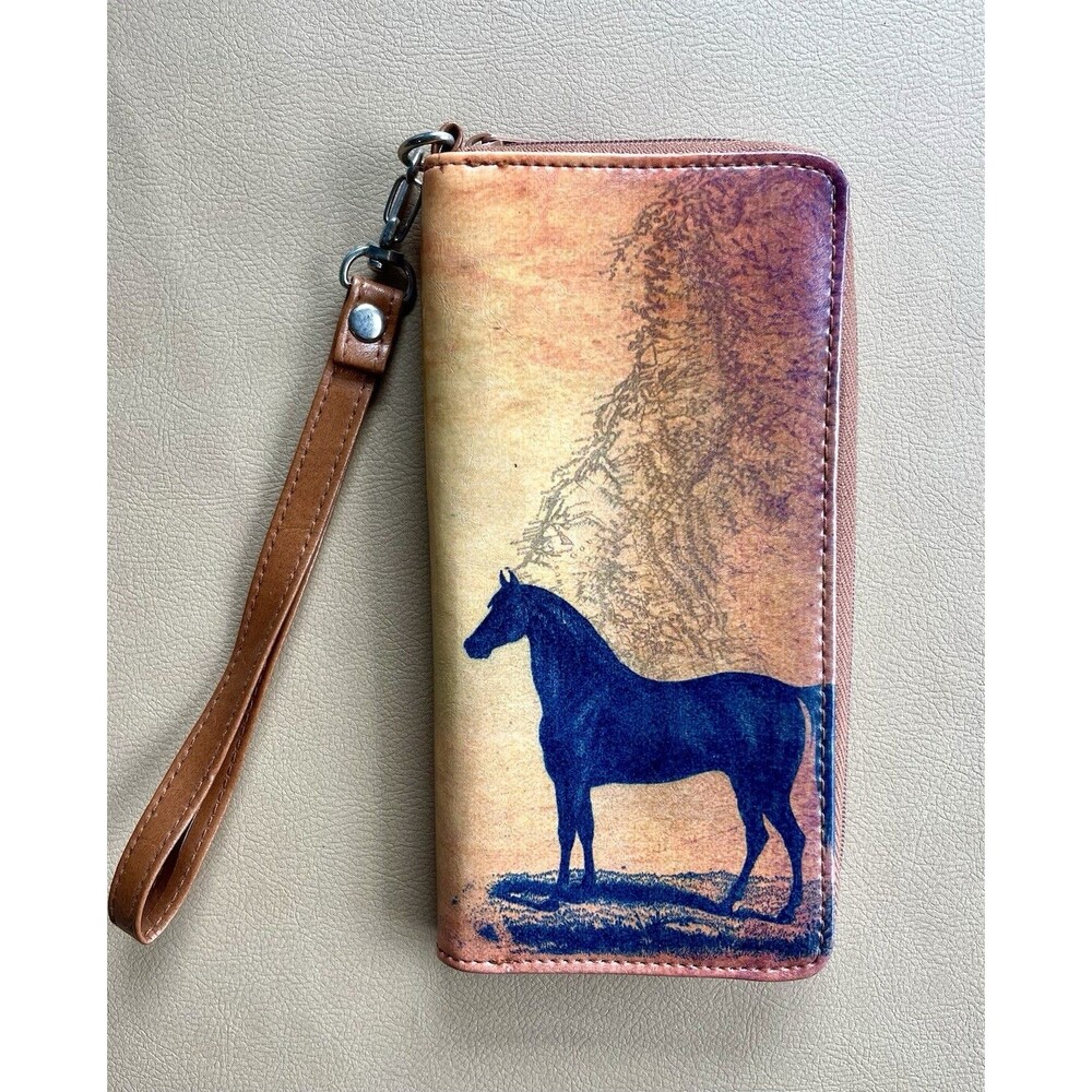 Equestrian Horse Print Zip Around Wallet Wristlet Clutch Organizer Brown